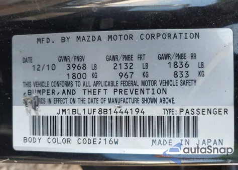 2011 Mazda Mazda3 I Sport from USA, damaged, VIN JM1BL1UF8B1444194